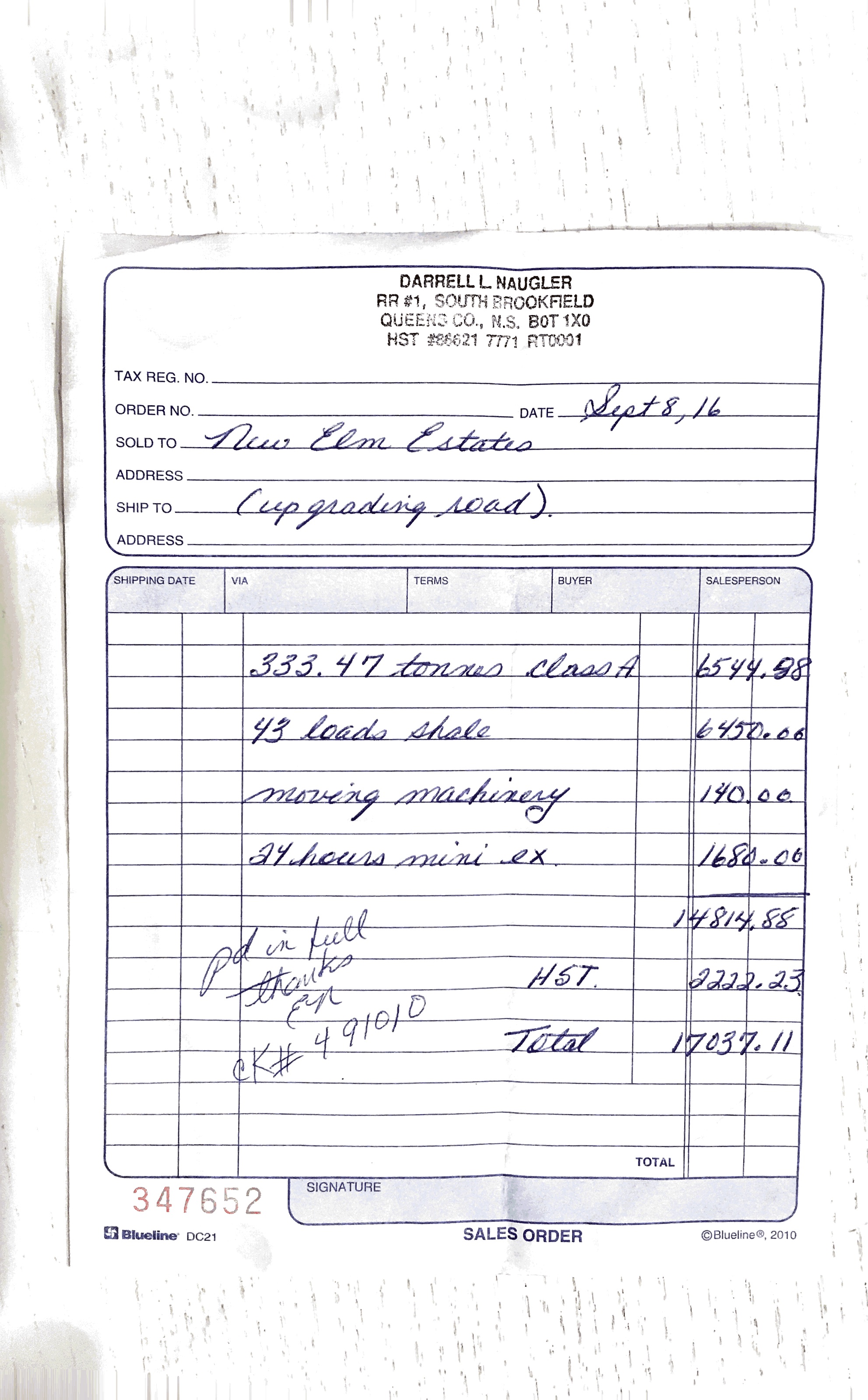 Road Work Receipt 2016